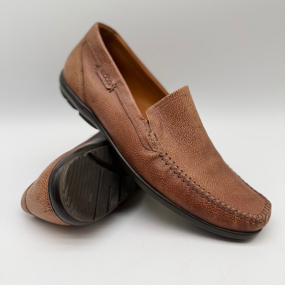 ECCO Mens 11-11.5 EU45 Brown Leather Moc Toe Slip On Loafers Extra Width 488320
